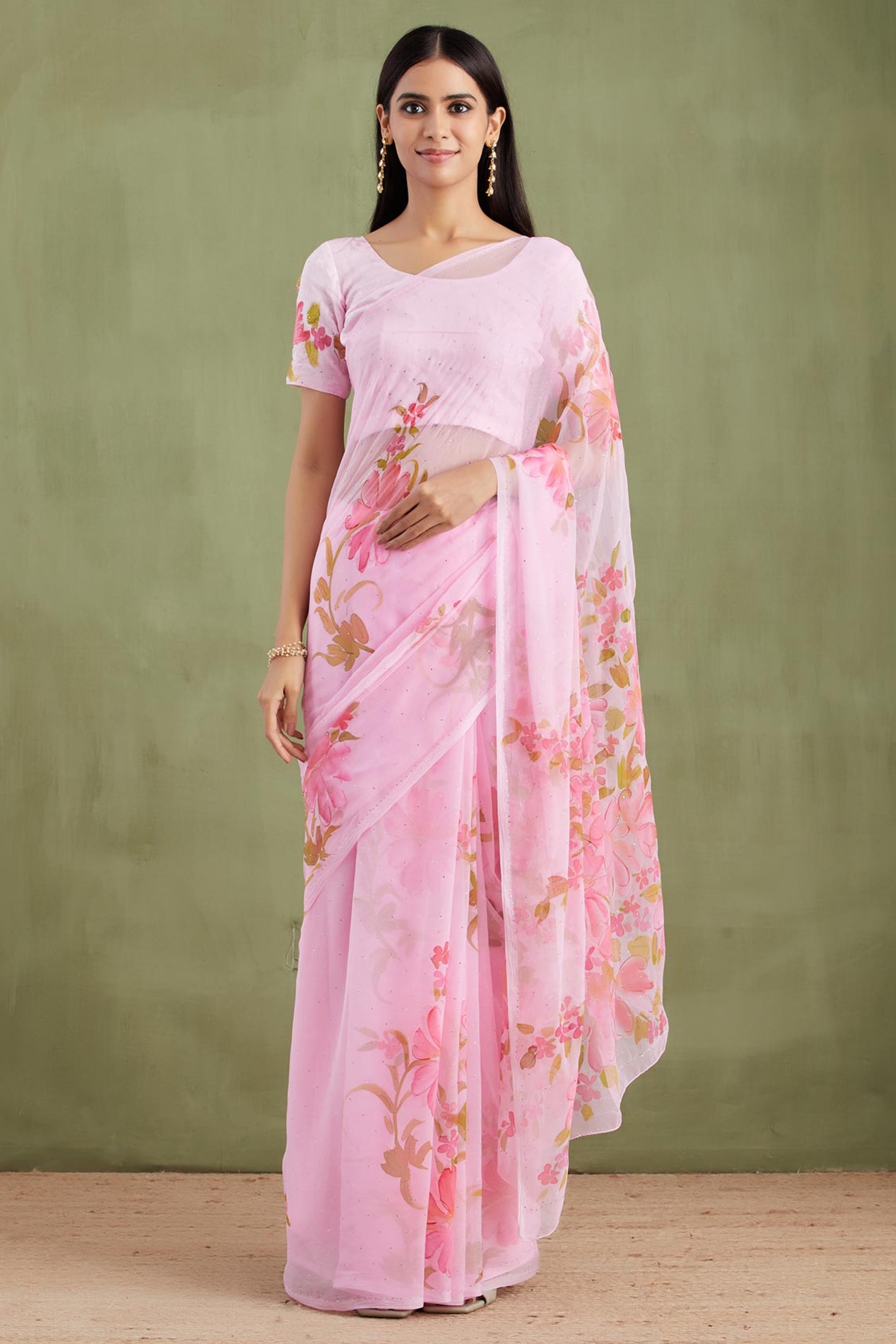Geroo Jaipur Pink Chiffon Floral Hand Painted Pre-Draped Saree Set