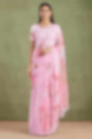 Pink Chiffon Floral Hand Painted Pre-Draped Party Wear Saree Set by Geroo Jaipur at Pernia's Pop Up Shop