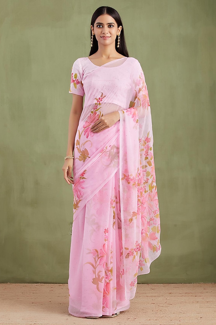 Pink Chiffon Floral Hand Painted Pre-Draped Party Wear Saree Set by Geroo Jaipur at Pernia's Pop Up Shop