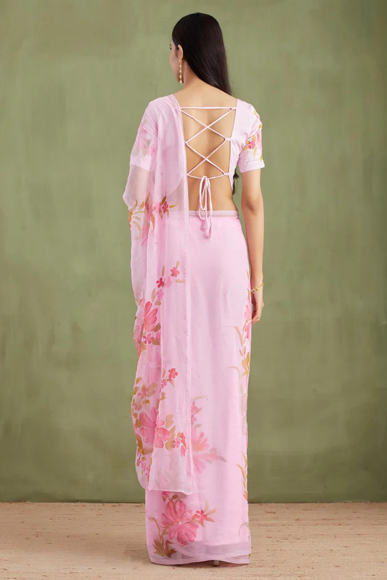 Pink Chiffon Floral Hand Painted Pre-Draped Party Wear Saree Set by Geroo Jaipur at Pernia's Pop Up Shop