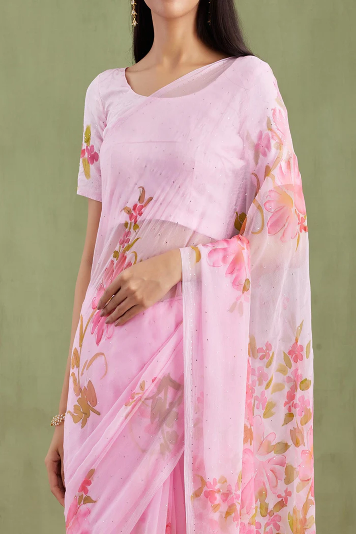 Pink Chiffon Floral Hand Painted Pre-Draped Party Wear Saree Set by Geroo Jaipur at Pernia's Pop Up Shop