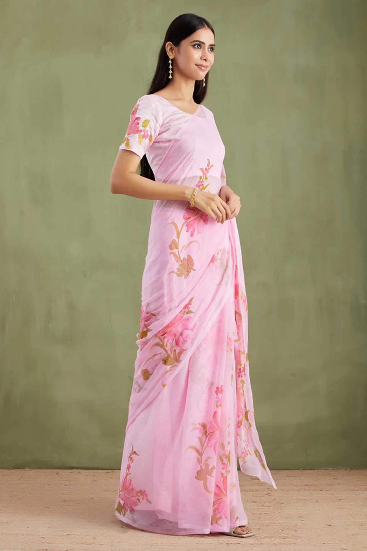 Pink Chiffon Floral Hand Painted Pre-Draped Party Wear Saree Set by Geroo Jaipur at Pernia's Pop Up Shop