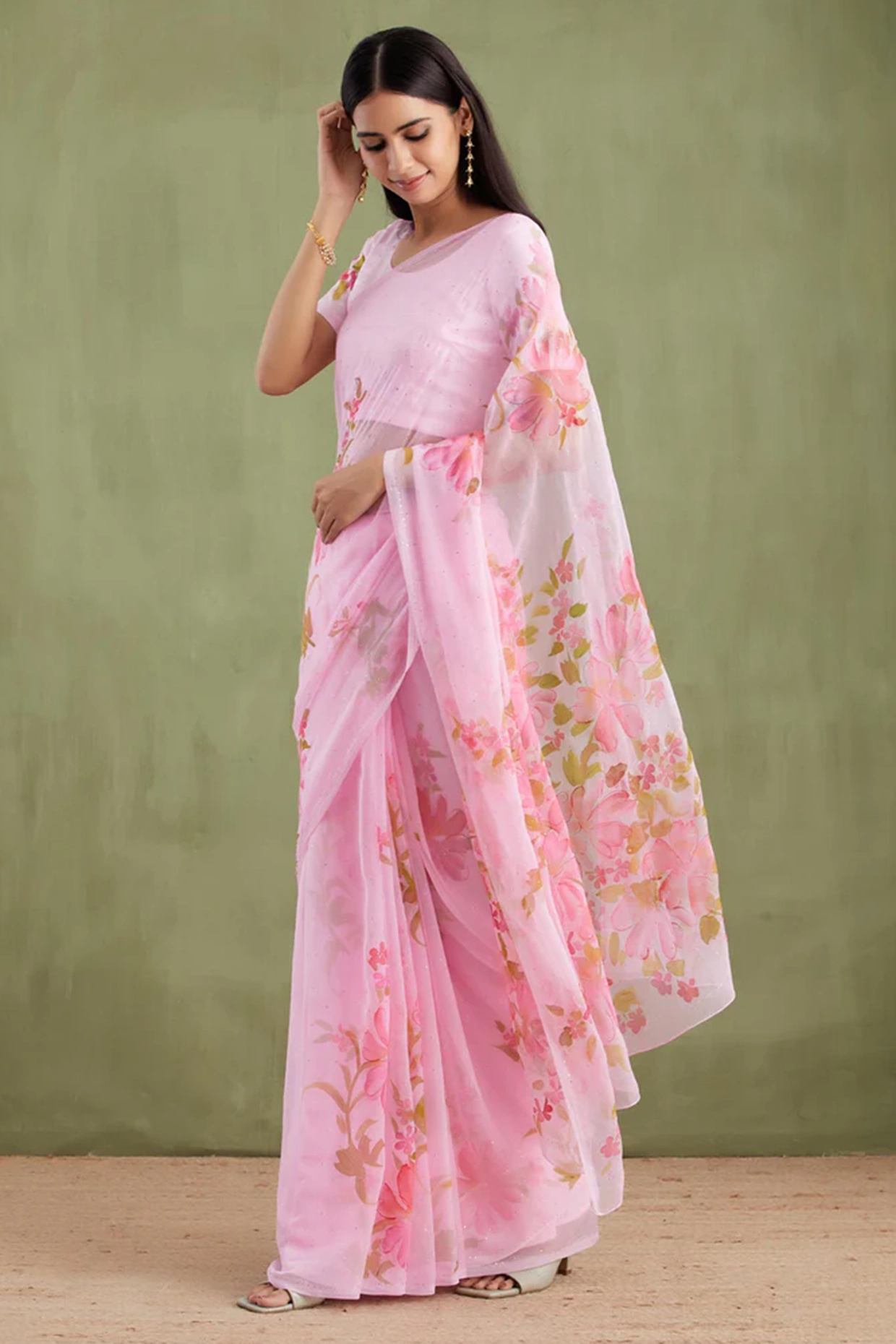 Pink Chiffon Floral Hand Painted Pre-Draped Party Wear Saree Set by Geroo Jaipur at Pernia's Pop Up Shop