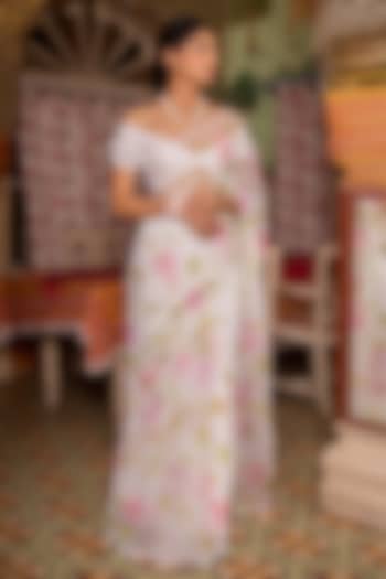 White Chiffon Floral Hand Painted Pre-Draped Party Wear Saree Set by Geroo Jaipur at Pernia's Pop Up Shop