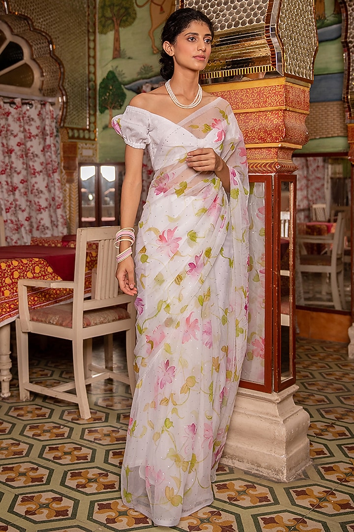 White Chiffon Floral Hand Painted Pre-Draped Party Wear Saree Set by Geroo Jaipur at Pernia's Pop Up Shop