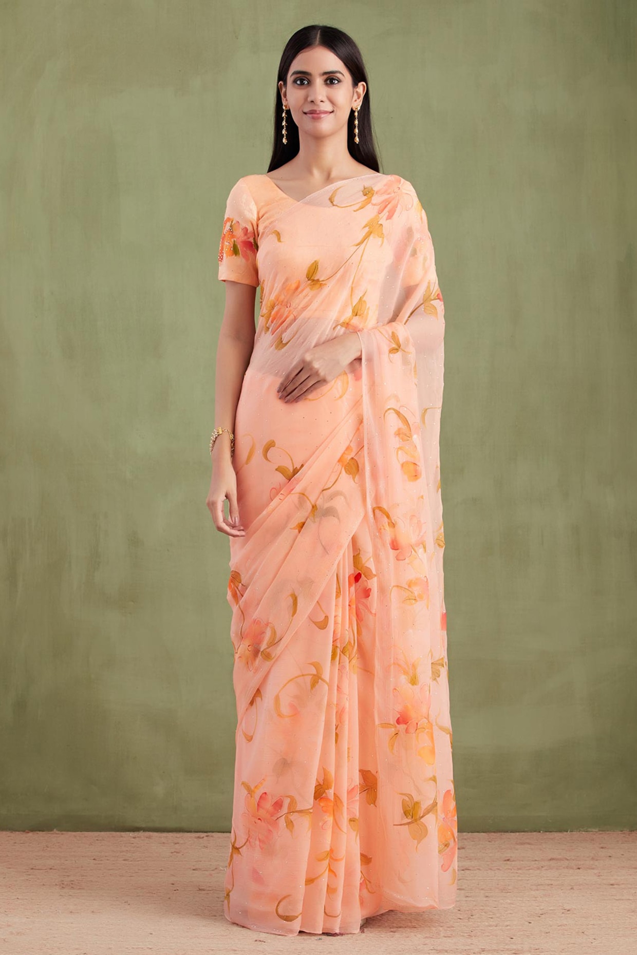 Geroo Jaipur Orange Chiffon Floral Hand Painted Pre-Draped Saree Set
