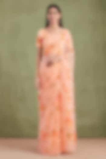 Orange Chiffon Floral Hand Painted Party Wear Saree Set by Geroo Jaipur at Pernia's Pop Up Shop