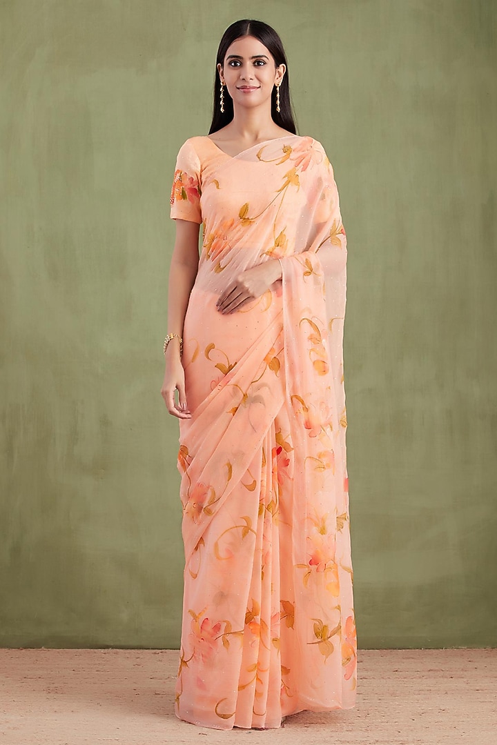 Orange Chiffon Floral Hand Painted Party Wear Saree Set by Geroo Jaipur at Pernia's Pop Up Shop
