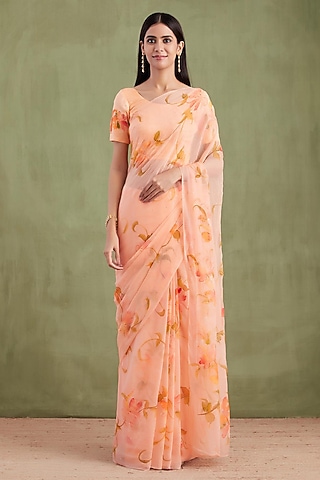 Orange Chiffon Floral Hand Painted Pre-Draped Saree Set by Geroo Jaipur