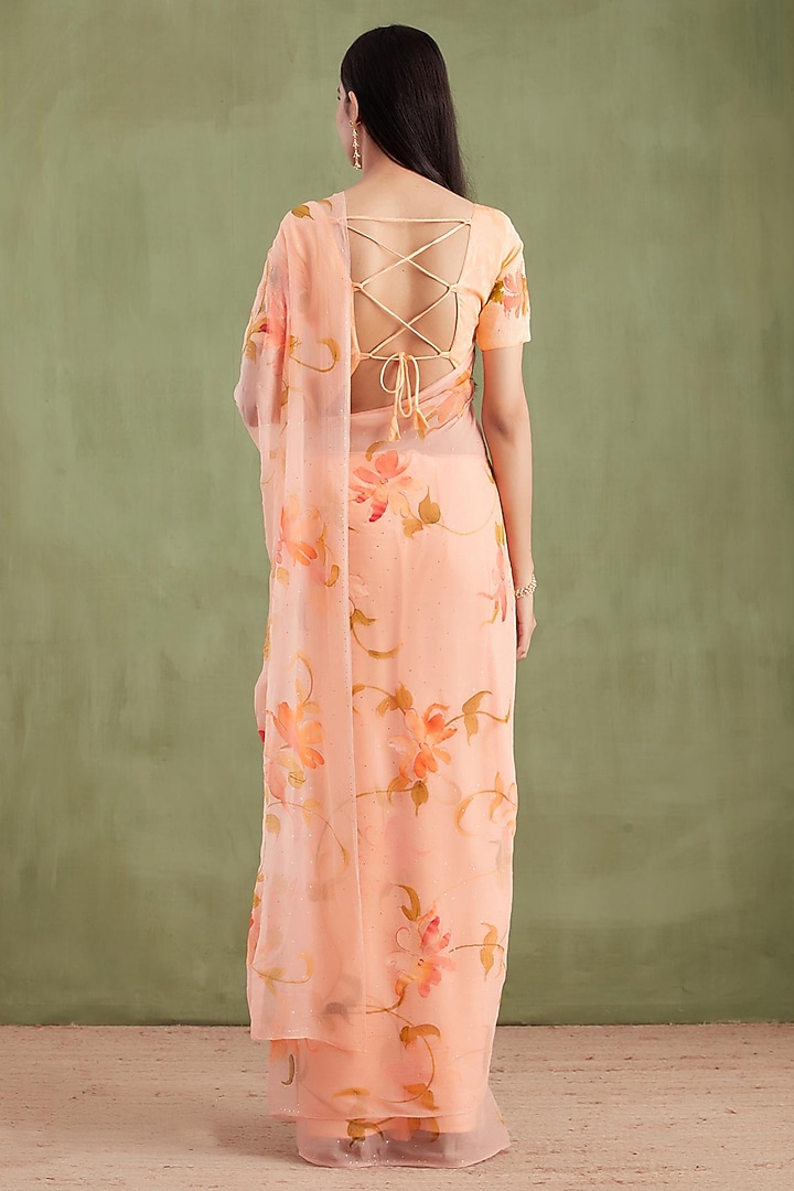 Orange Chiffon Floral Hand Painted Pre-Draped Party Wear Saree Set by Geroo Jaipur at Pernia's Pop Up Shop