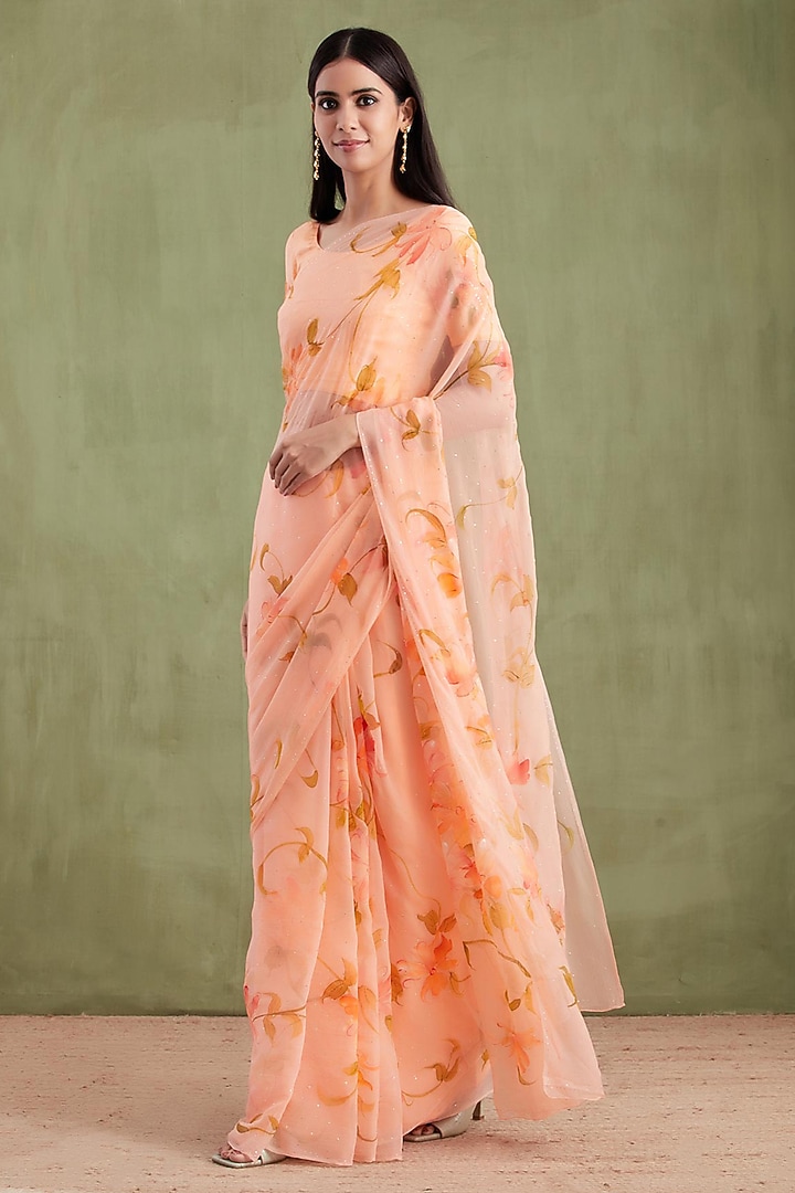 Orange Chiffon Floral Hand Painted Pre-Draped Party Wear Saree Set by Geroo Jaipur at Pernia's Pop Up Shop