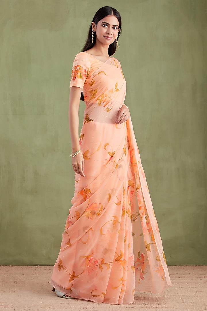 Orange Chiffon Floral Hand Painted Pre-Draped Party Wear Saree Set by Geroo Jaipur at Pernia's Pop Up Shop