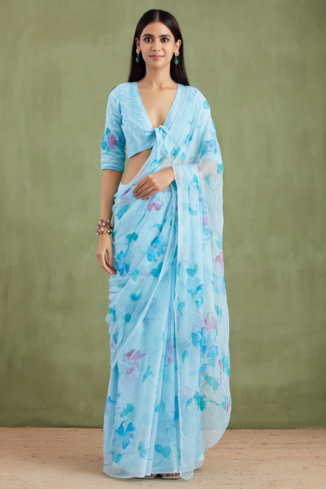 Geroo Jaipur Blue Chiffon Floral Hand Painted Pre-Draped Saree Set