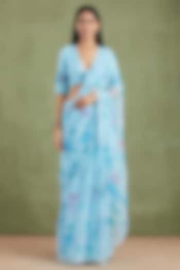 Blue Chiffon Floral Hand Painted Party Wear Saree Set by Geroo Jaipur at Pernia's Pop Up Shop