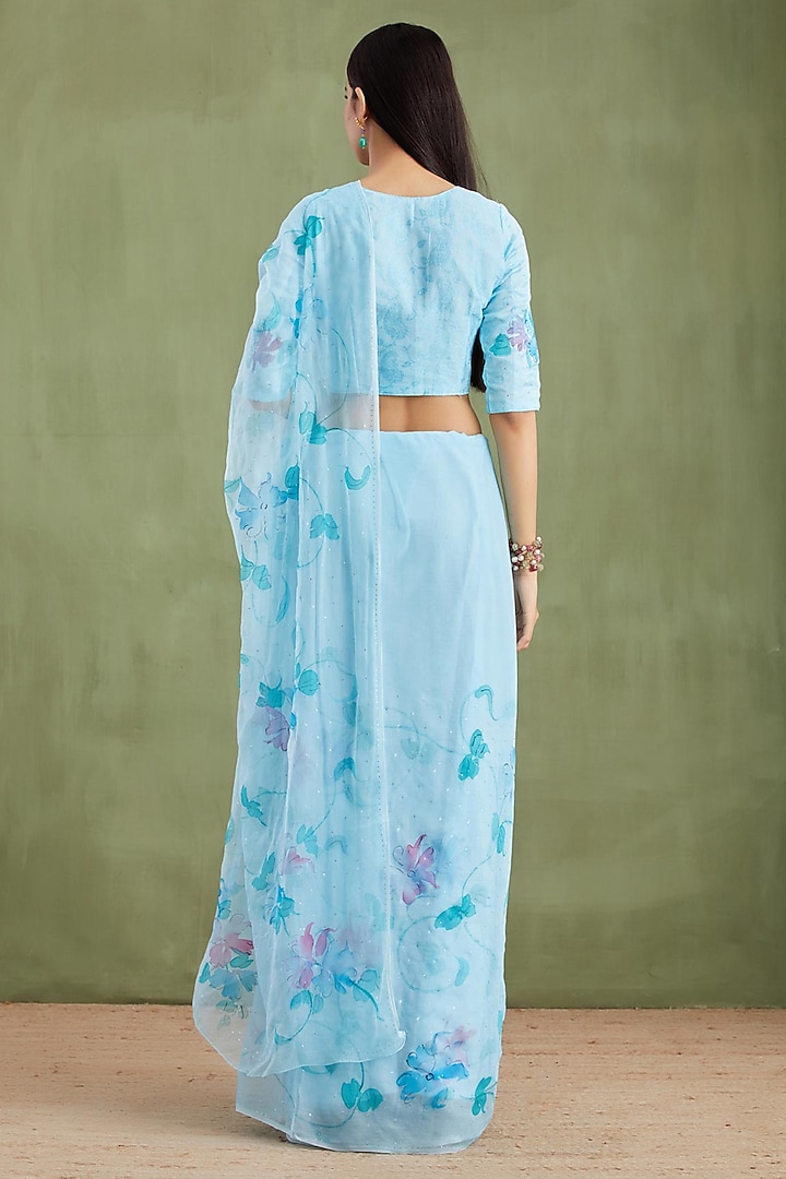 Blue Chiffon Floral Hand Painted Pre-Draped Party Wear Saree Set by Geroo Jaipur at Pernia's Pop Up Shop