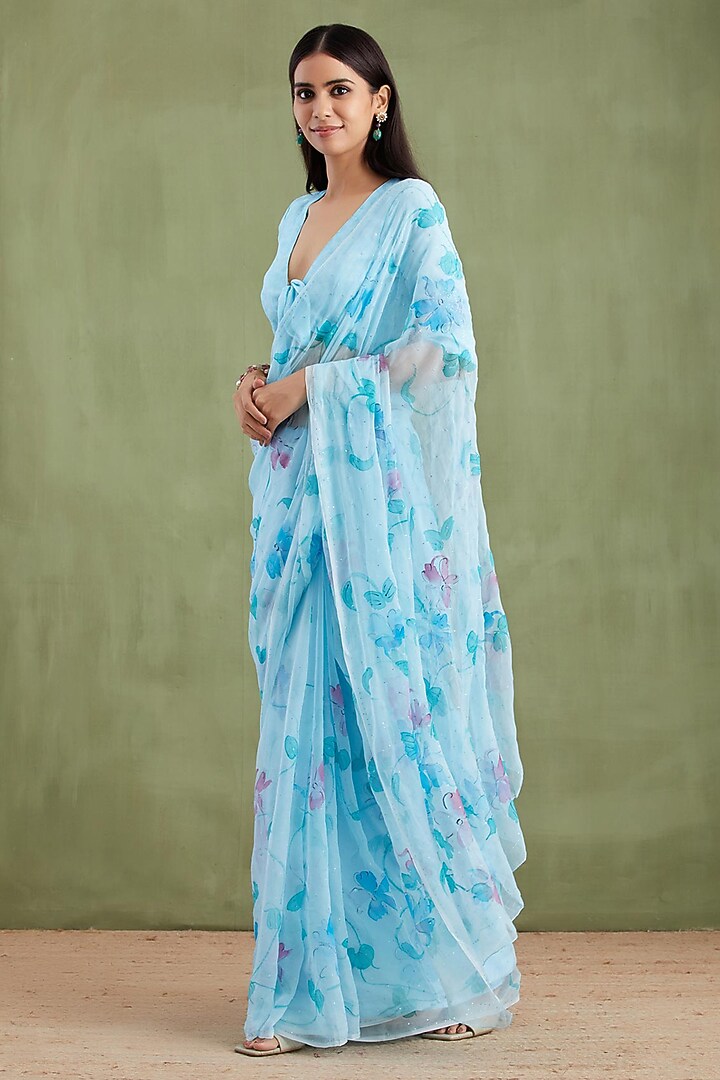 Blue Chiffon Floral Hand Painted Pre-Draped Party Wear Saree Set by Geroo Jaipur at Pernia's Pop Up Shop