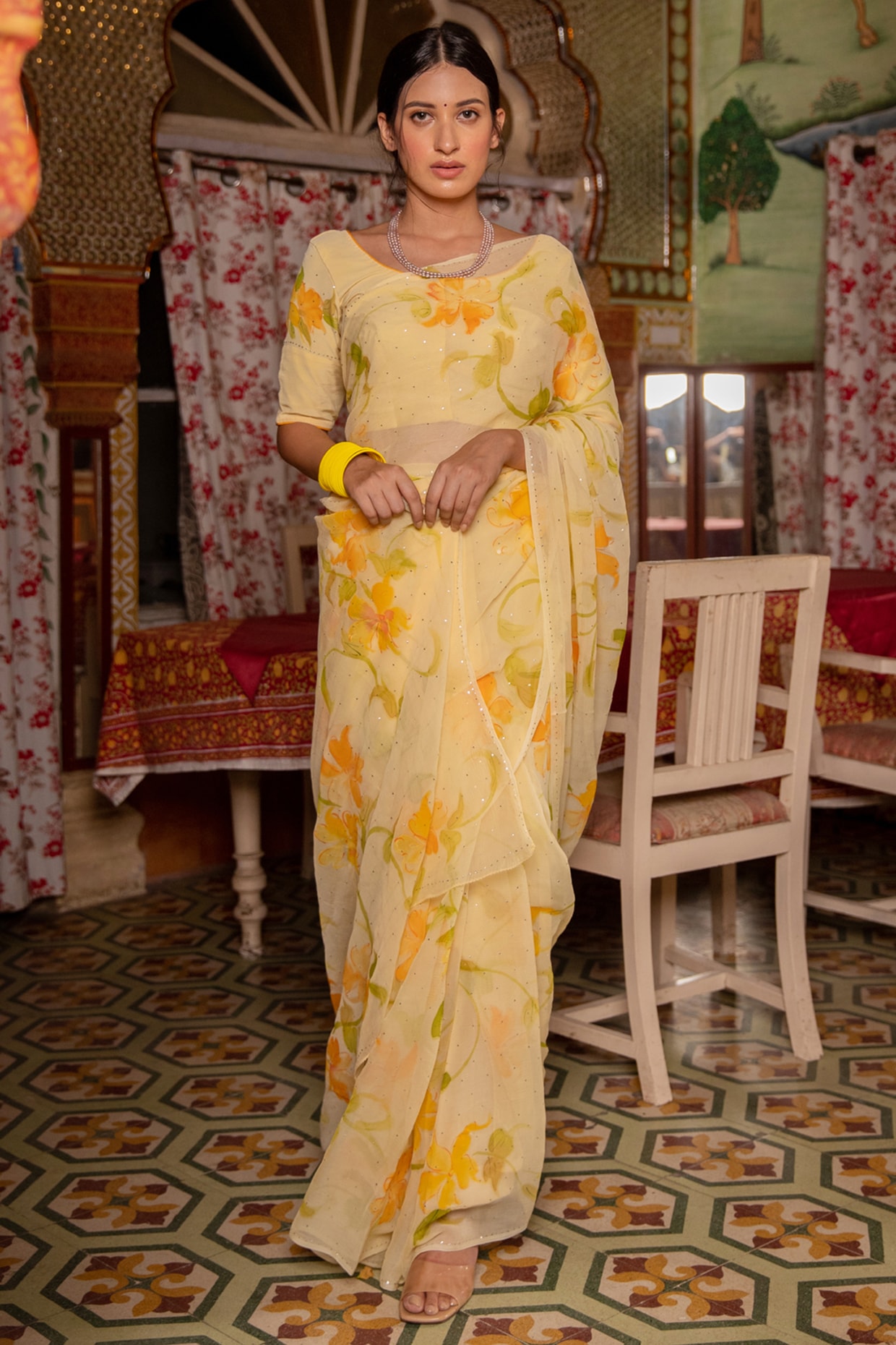 Geroo Jaipur Yellow Chiffon Floral Hand Painted Pre-Draped Saree Set