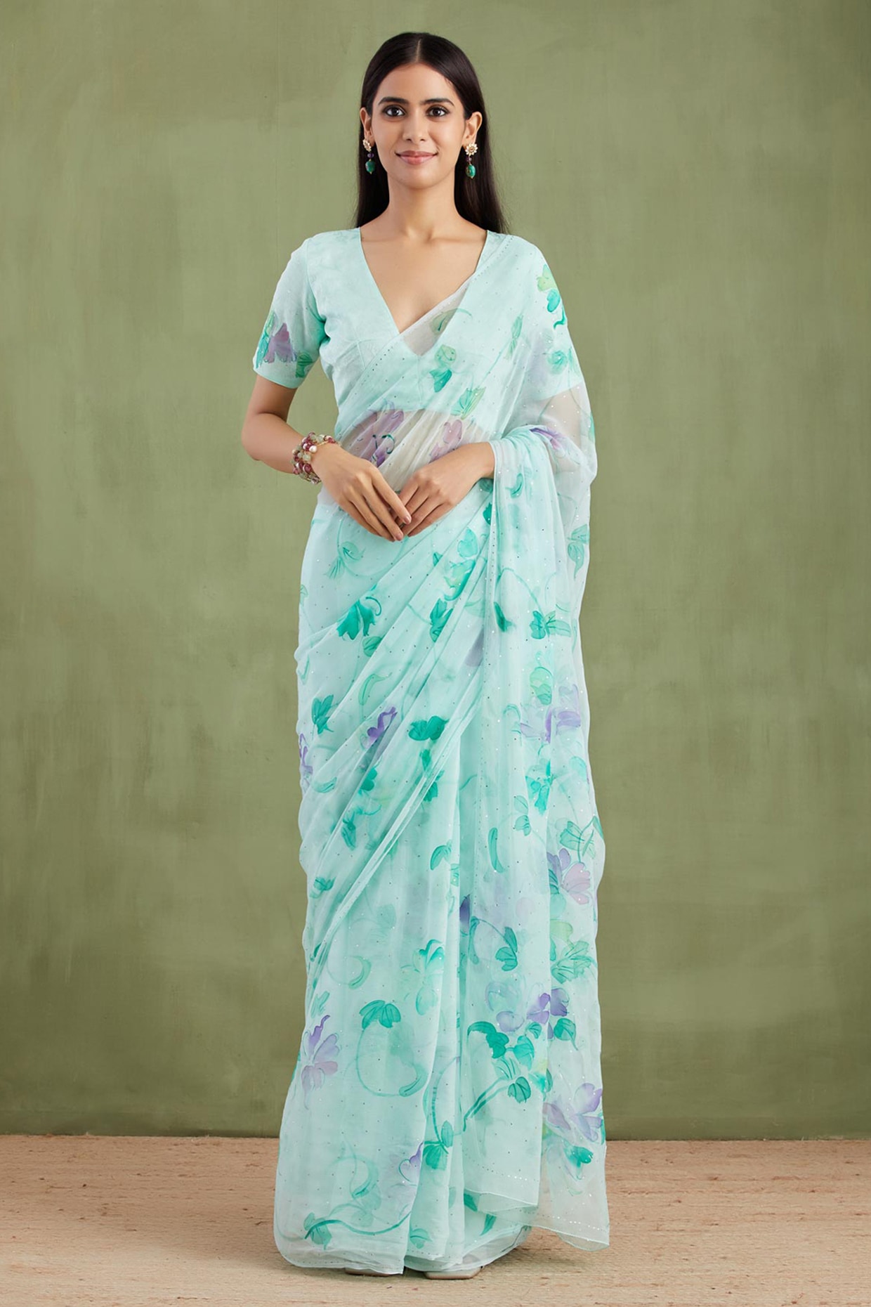 Geroo Jaipur Blue Chiffon Floral Hand Painted Pre-Draped Saree Set
