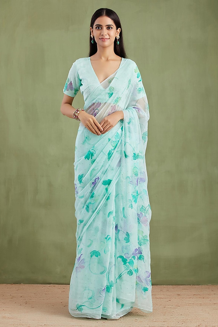 Blue Chiffon Floral Hand Painted Party Wear Saree Set by Geroo Jaipur at Pernia's Pop Up Shop