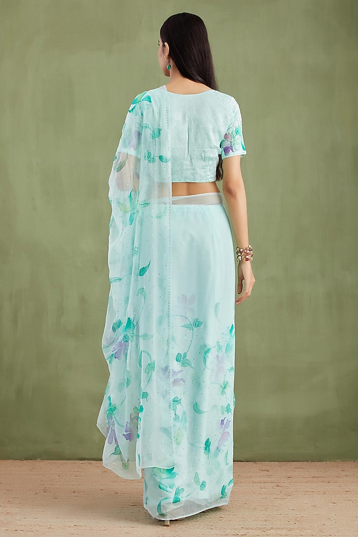 Blue Chiffon Floral Hand Painted Pre-Draped Party Wear Saree Set by Geroo Jaipur at Pernia's Pop Up Shop