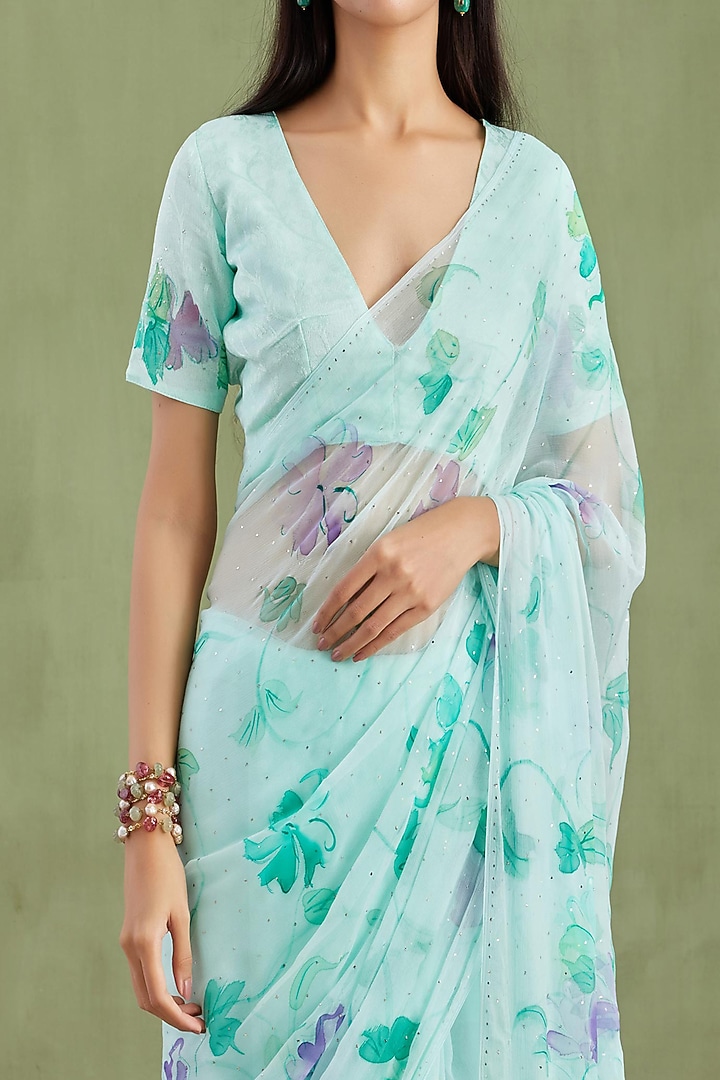 Blue Chiffon Floral Hand Painted Pre-Draped Party Wear Saree Set by Geroo Jaipur at Pernia's Pop Up Shop