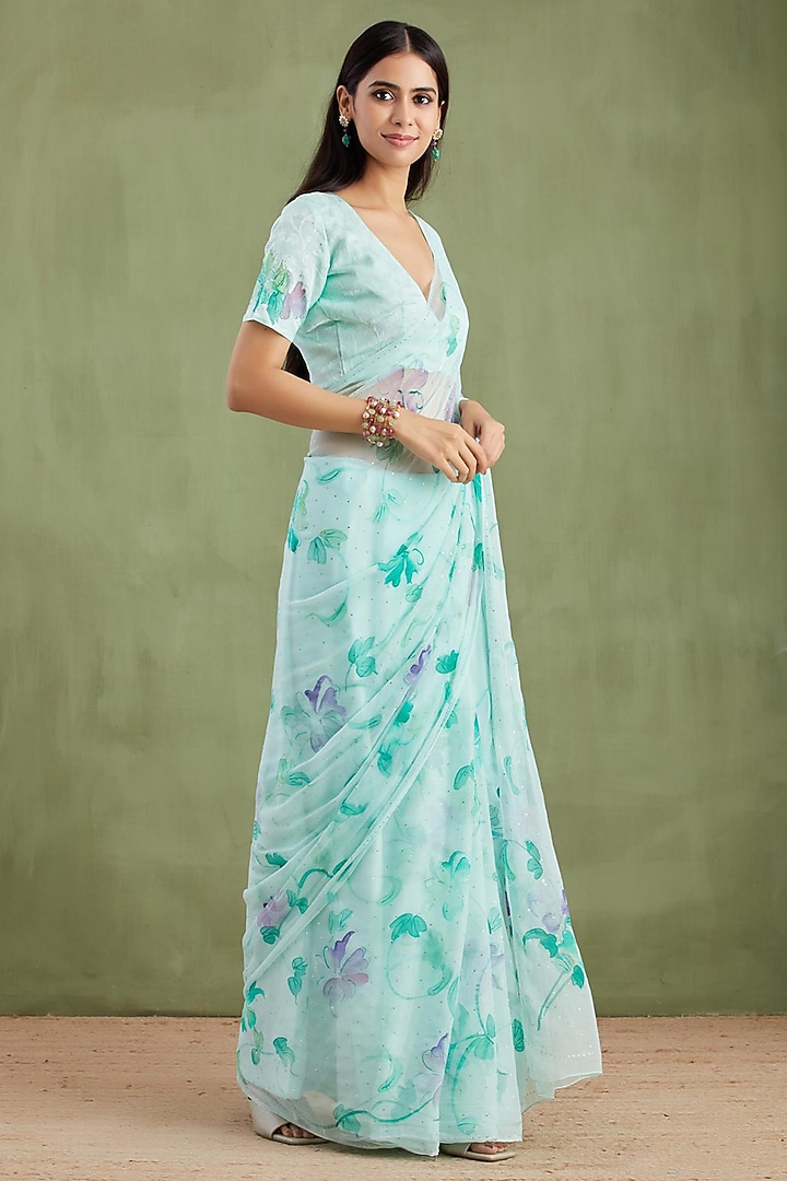 Blue Chiffon Floral Hand Painted Pre-Draped Party Wear Saree Set by Geroo Jaipur at Pernia's Pop Up Shop