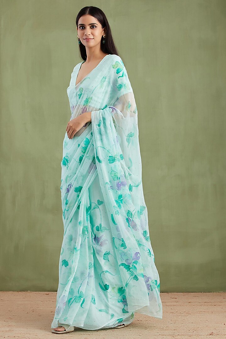Blue Chiffon Floral Hand Painted Pre-Draped Party Wear Saree Set by Geroo Jaipur at Pernia's Pop Up Shop