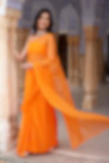 Orange Chiffon Mukaish Hand Embroidered Pre-Draped Party Wear Saree Set by Geroo Jaipur at Pernia's Pop Up Shop