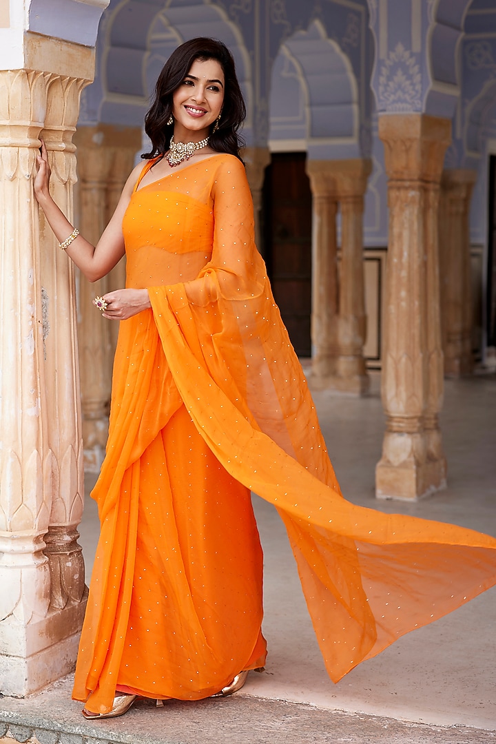 Orange Chiffon Mukaish Hand Embroidered Pre-Draped Party Wear Saree Set by Geroo Jaipur at Pernia's Pop Up Shop