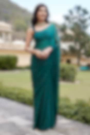 Bottle Green Chiffon Mukaish Hand Embroidered Party Wear Saree Set by Geroo Jaipur at Pernia's Pop Up Shop