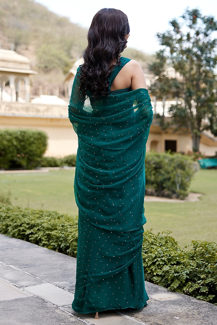 Bottle Green Chiffon Mukaish Hand Embroidered Pre-Draped Party Wear Saree Set by Geroo Jaipur at Pernia's Pop Up Shop