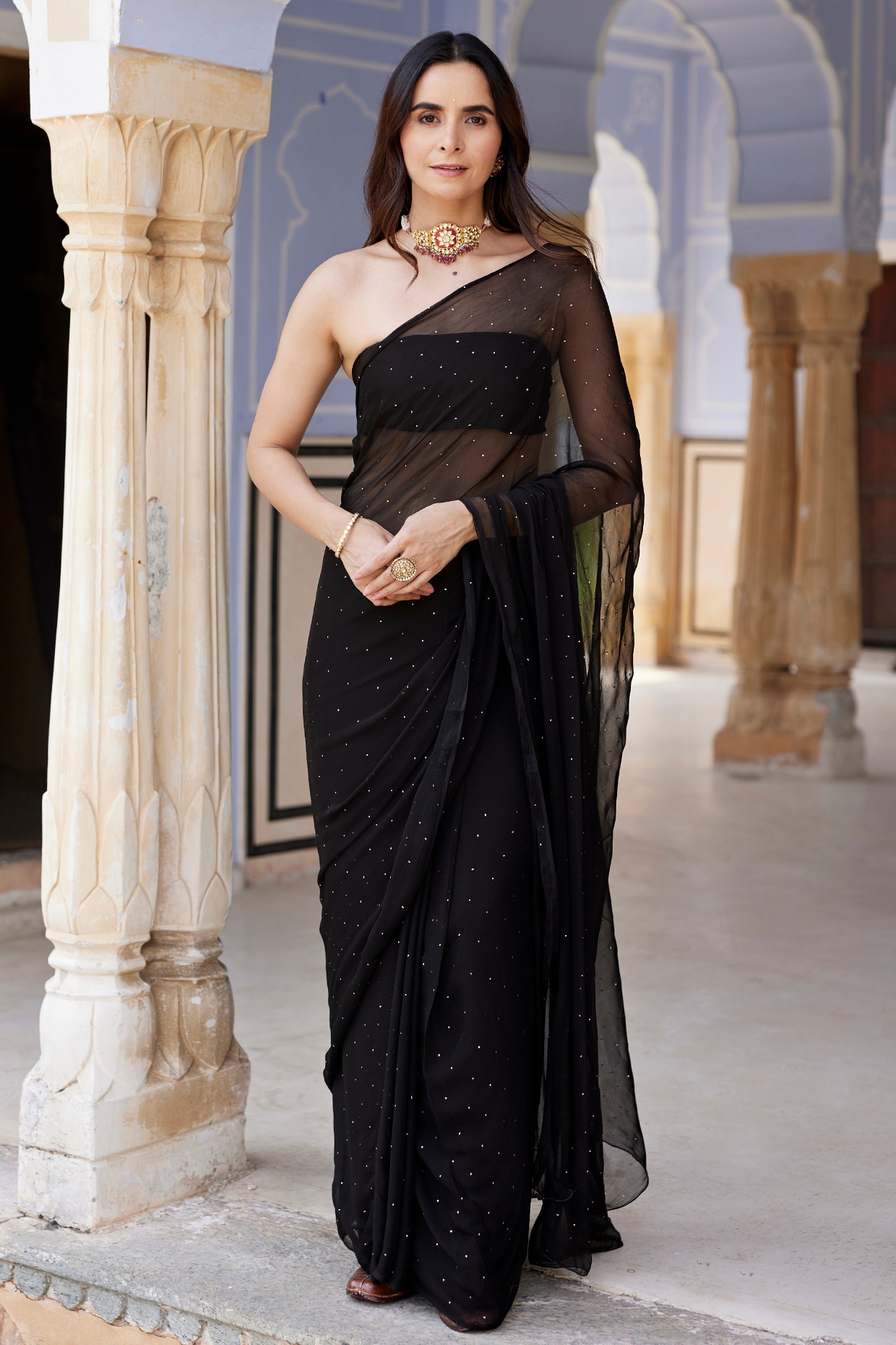 Geroo Jaipur Black Chiffon Mukaish Hand Embroidered Pre-Draped Saree Set