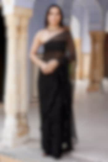 Black Chiffon Mukaish Hand Embroidered Party Wear Saree Set by Geroo Jaipur at Pernia's Pop Up Shop