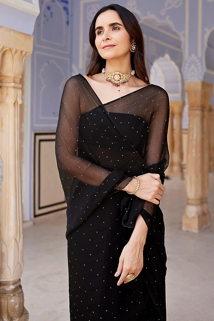 Black Chiffon Mukaish Hand Embroidered Pre-Draped Party Wear Saree Set by Geroo Jaipur at Pernia's Pop Up Shop