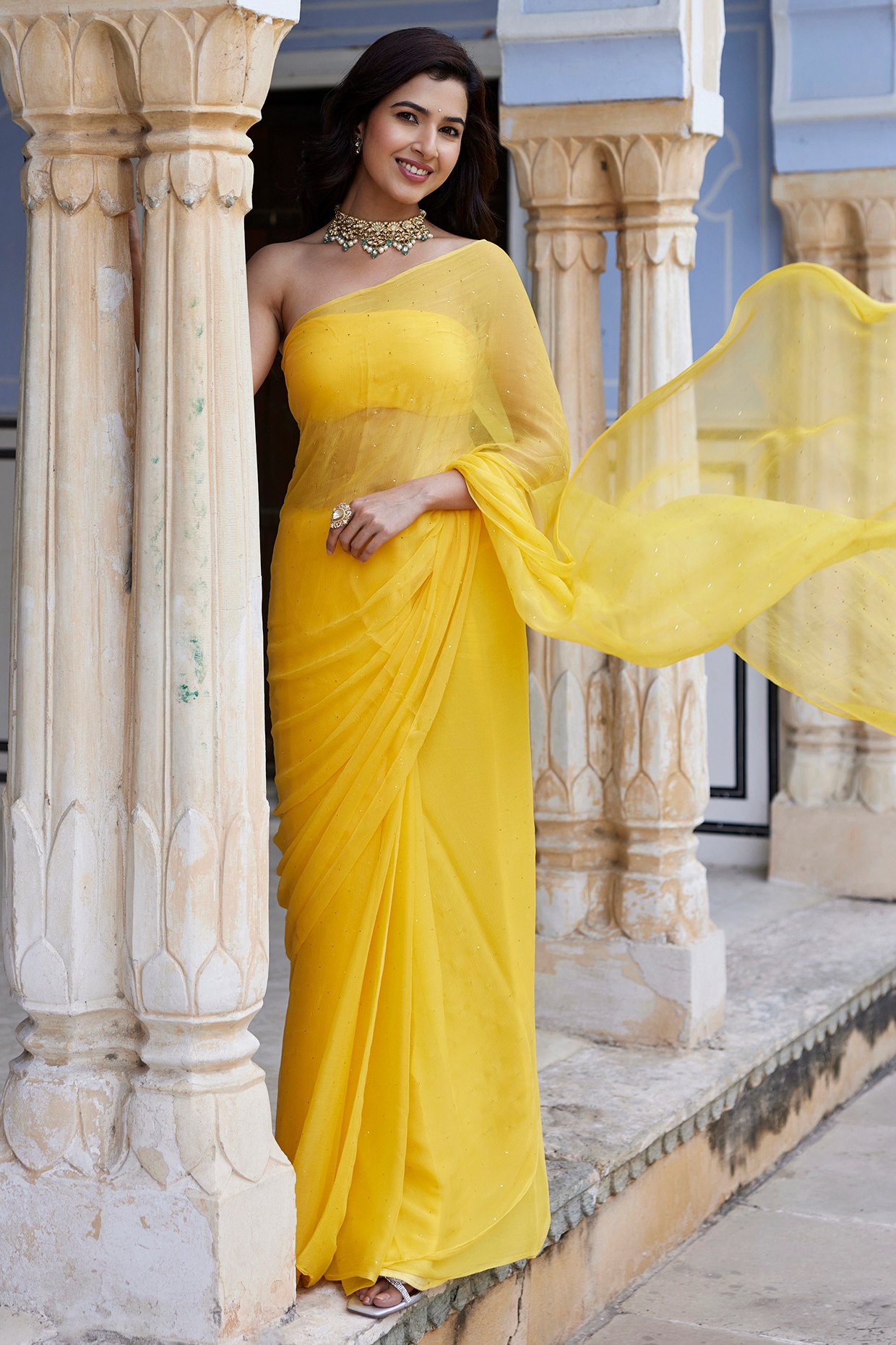 Geroo Jaipur Yellow Chiffon Mukaish Hand Embroidered Pre-Draped Saree Set