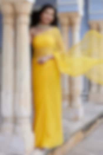 Yellow Chiffon Mukaish Hand Embroidered Party Wear Saree Set by Geroo Jaipur at Pernia's Pop Up Shop