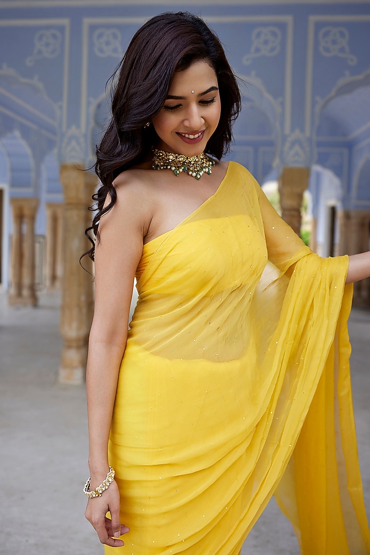 Yellow Chiffon Mukaish Hand Embroidered Pre-Draped Party Wear Saree Set by Geroo Jaipur at Pernia's Pop Up Shop