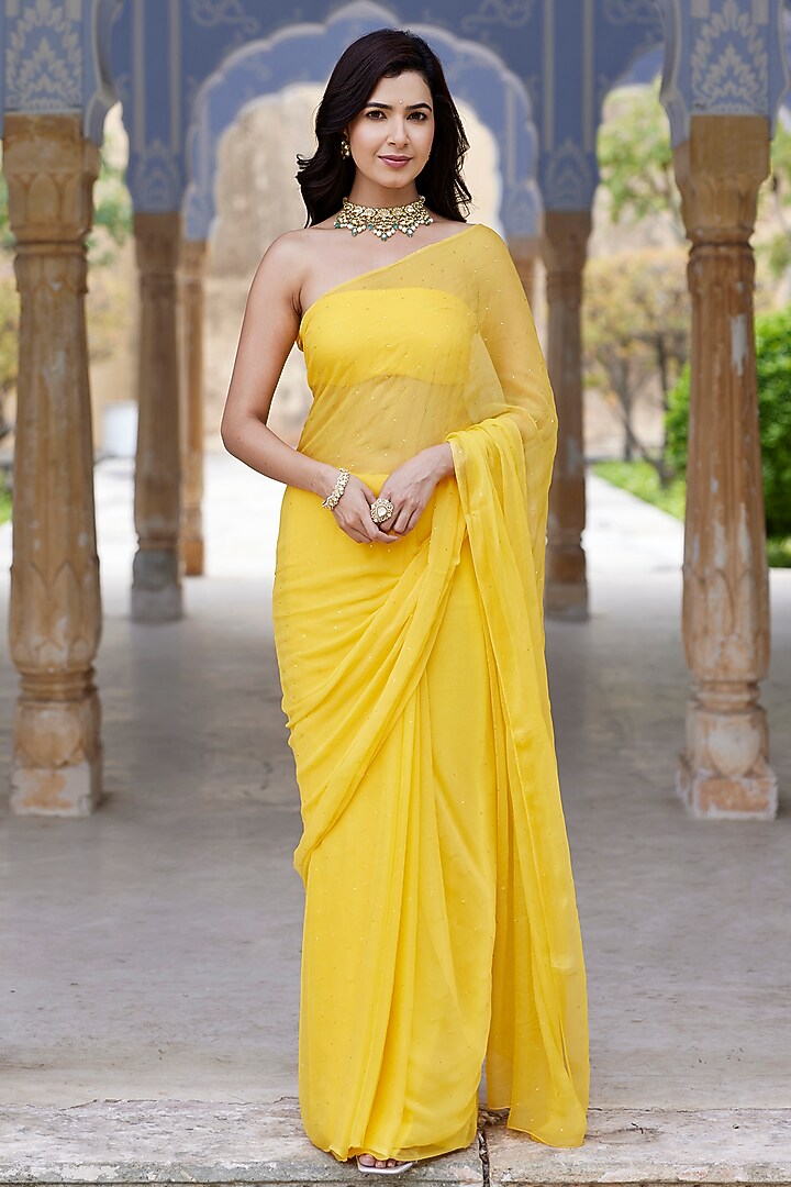 Yellow Chiffon Mukaish Hand Embroidered Pre-Draped Party Wear Saree Set by Geroo Jaipur at Pernia's Pop Up Shop