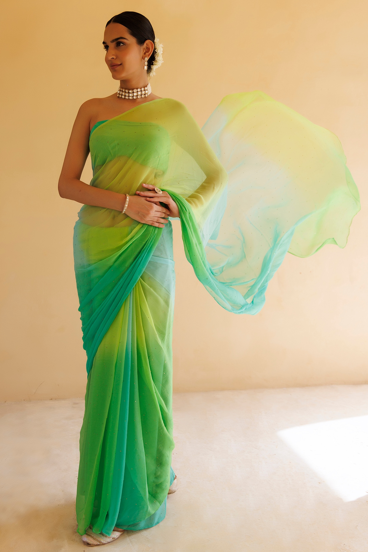 Geroo Jaipur Green Chiffon Mukaish Hand Embroidered Pre-Draped Saree Set