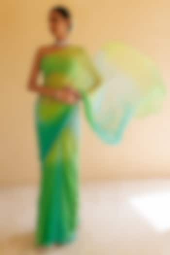 Green Chiffon Mukaish Hand Embroidered Party Wear Saree Set by Geroo Jaipur at Pernia's Pop Up Shop