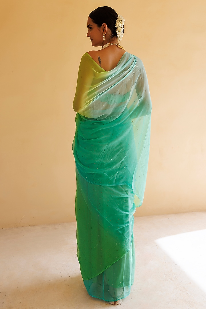 Green Chiffon Mukaish Hand Embroidered Pre-Draped Party Wear Saree Set by Geroo Jaipur at Pernia's Pop Up Shop