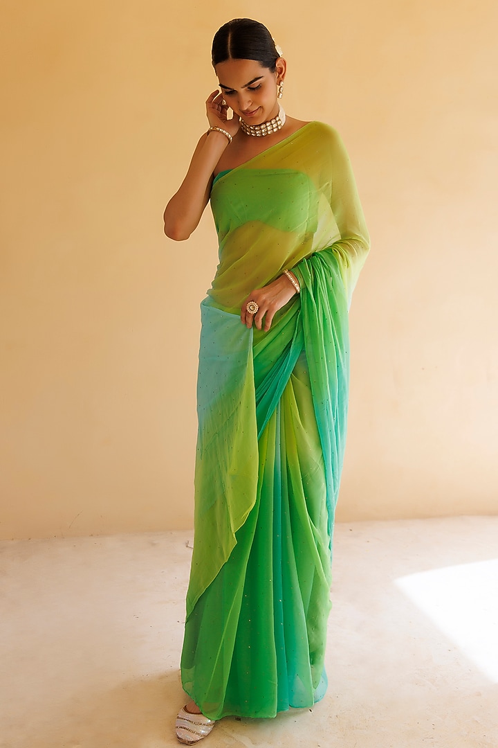 Green Chiffon Mukaish Hand Embroidered Pre-Draped Party Wear Saree Set by Geroo Jaipur at Pernia's Pop Up Shop