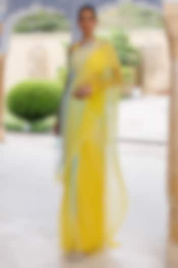 Yellow-Blue Shaded Chiffon Mukaish Hand Embroidered Party Wear Saree Set by Geroo Jaipur at Pernia's Pop Up Shop