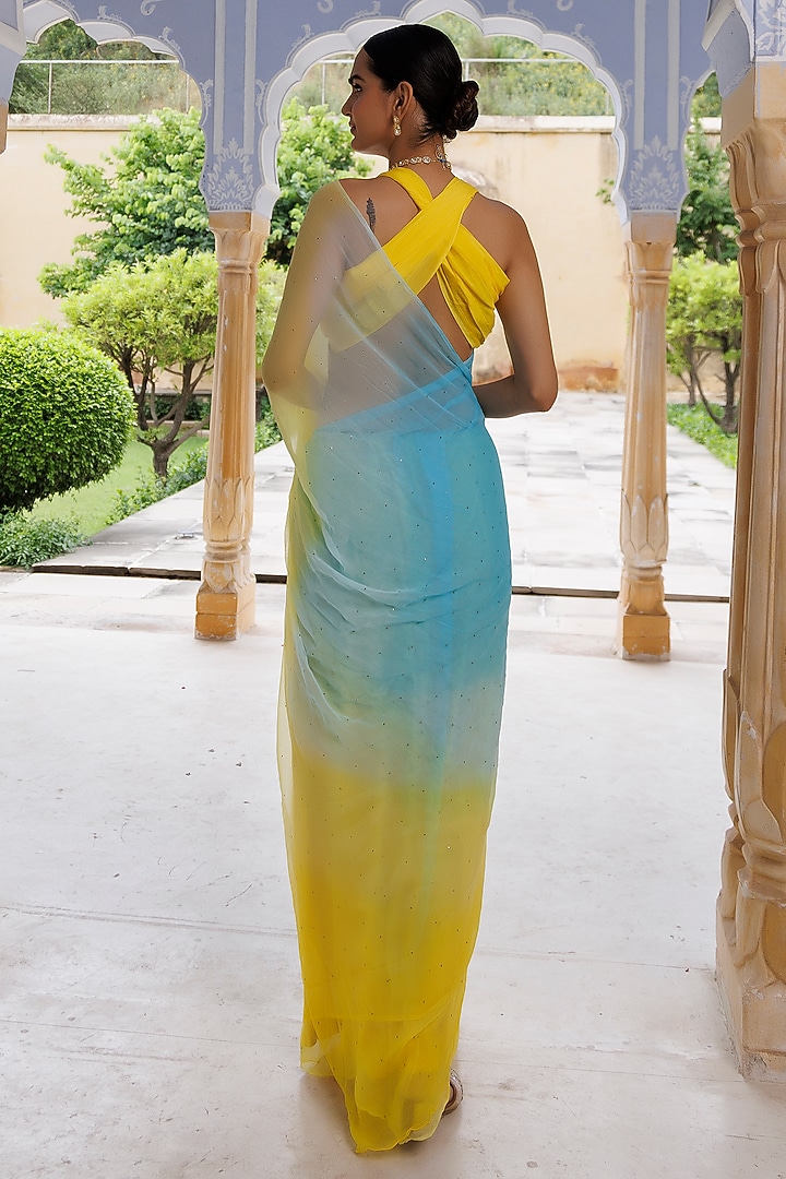 Yellow & Blue Chiffon Mukaish Work 
Pre-Draped Party Wear Saree Set by Geroo Jaipur at Pernia's Pop Up Shop