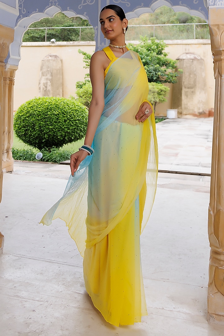 Yellow & Blue Chiffon Mukaish Work 
Pre-Draped Party Wear Saree Set by Geroo Jaipur at Pernia's Pop Up Shop