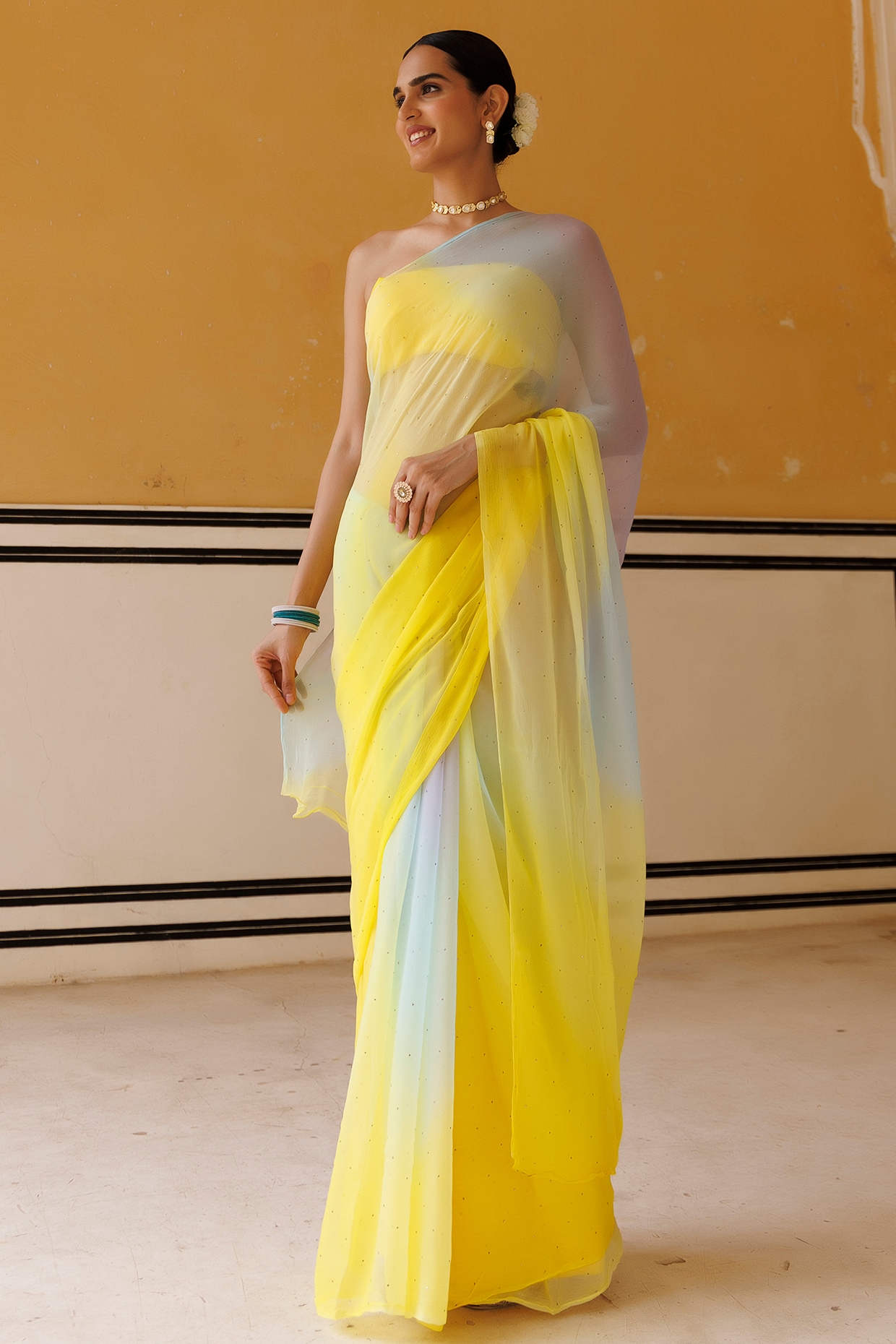 Geroo Jaipur Yellow Shaded Chiffon Mukaish Hand Embroidered Pre-Draped Saree Set