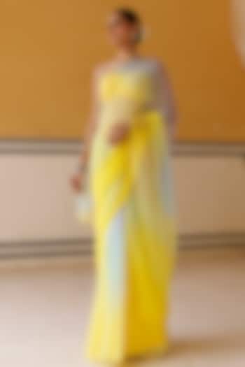 Yellow Shaded Chiffon Mukaish Hand Embroidered Party Wear Saree Set by Geroo Jaipur at Pernia's Pop Up Shop