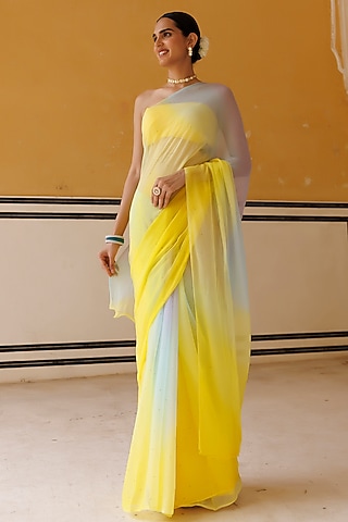 Yellow Shaded Chiffon Mukaish Hand Embroidered Pre-Draped  Saree Set by Geroo Jaipur