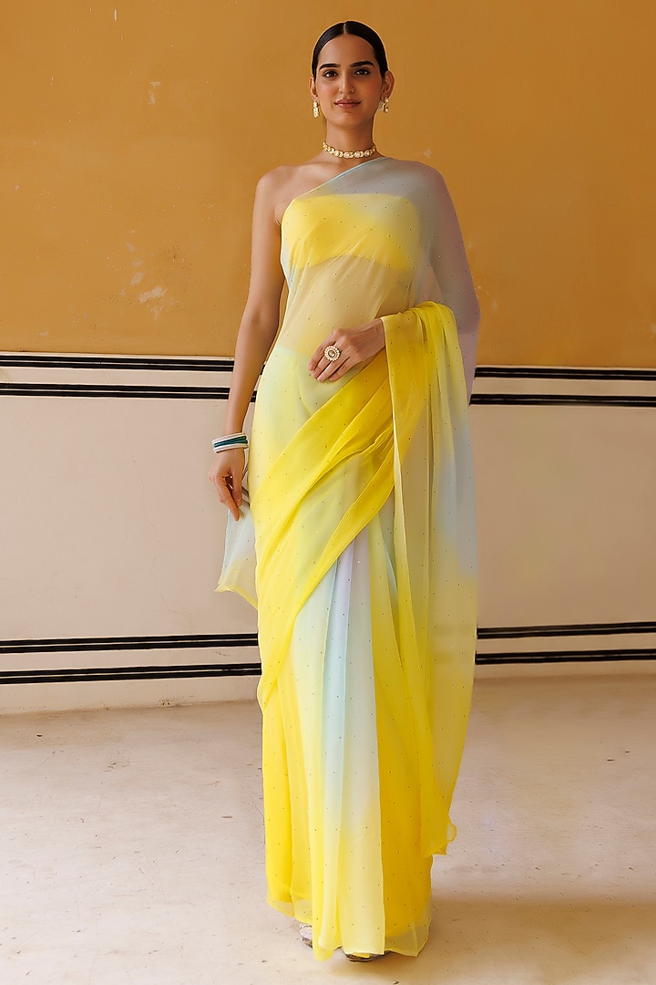 Yellow Shaded Chiffon Mukaish Hand Embroidered Pre-Draped Party Wear Saree Set by Geroo Jaipur at Pernia's Pop Up Shop