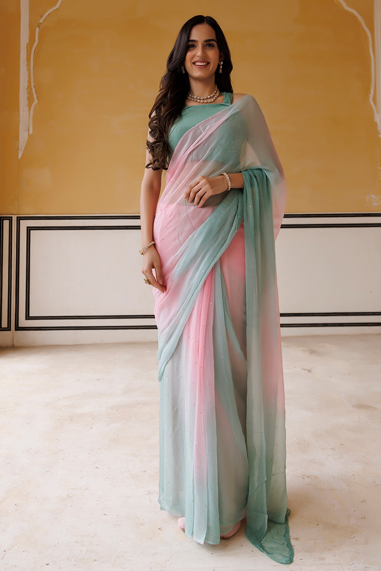 Geroo Jaipur Pink & Green Chiffon Mukaish Hand Embroidered Pre-Draped Saree Set